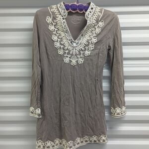 INC International Concepts Taupe Embroidered V-Neck Women’s Top